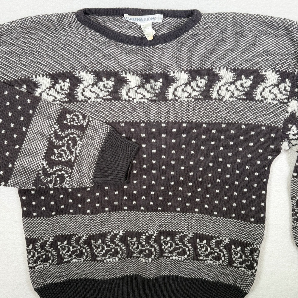 Vintage Malina Wong Squirrel Knit Wool Angora Sweater Gray S Nordic Fair Isle